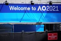 A sign is seen at the entrance to the Australian Open training grounds in Melbourne