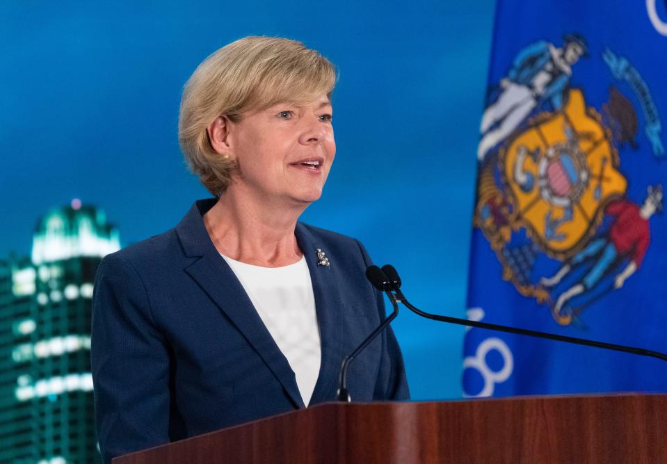 U.S. Sen. Tammy Baldwin spoke during the Democratic National Convention at the Wisconsin Center in Milwaukee on Aug. 20, 2020.