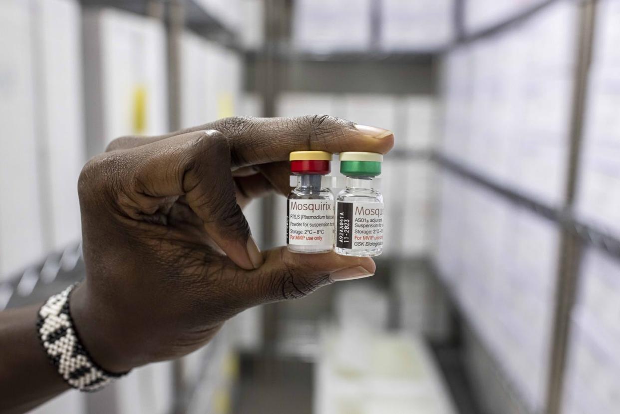 <span class="caption">A helping hand in the fight against malaria.</span> <span class="attribution"><a class="link " href="https://www.gettyimages.com/detail/news-photo/in-this-photo-illustration-a-person-holds-two-vials-of-the-news-photo/1235759941?adppopup=true" rel="nofollow noopener" target="_blank" data-ylk="slk:Patrick Meinhardt/Getty Images;elm:context_link;itc:0;sec:content-canvas">Patrick Meinhardt/Getty Images</a></span>