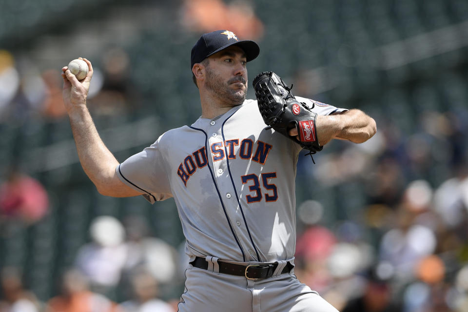 Houston Astros starter Justin Verlander delivers a pitch during the first inning of a baseball game against the Baltimore Orioles, Sunday, Aug. 11, 2019, in Baltimore. (AP Photo/Nick Wass)