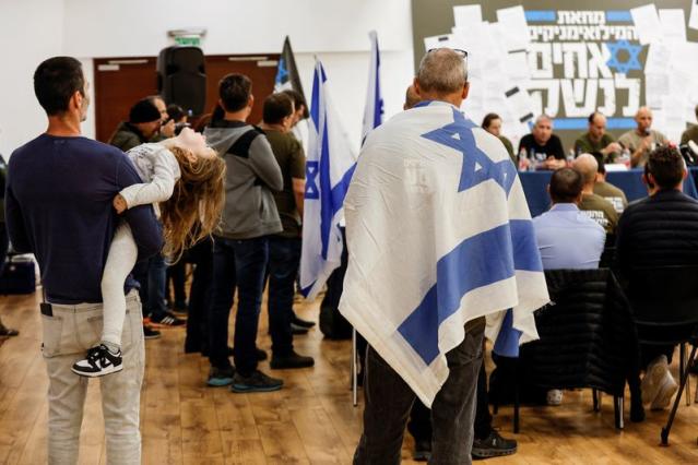 Members of the 'Brothers in Arms' reservist protest group hold a news conference, as Israeli Prime Minister Benjamin Netanyahu's nationalist coalition government presses on with its judicial overhaul, in Herzliya near Tel Aviv