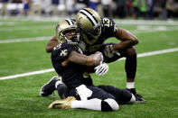 <p>Ted Ginn #19 of the New Orleans Saints reacts after making a 43-yard catch against Lamarcus Joyner #20 of the Los Angeles Rams in the fourth quarter in the NFC Championship game at the Mercedes-Benz Superdome on January 20, 2019 in New Orleans, Louisiana. (Photo by Chris Graythen/Getty Images) </p>