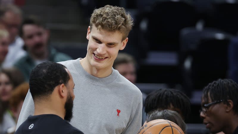 Utah Jazz forward Lauri Markkanen (23) in street clothes for the game against the Houston Rockets in Salt Lake City on Thursday, April 11, 2024.