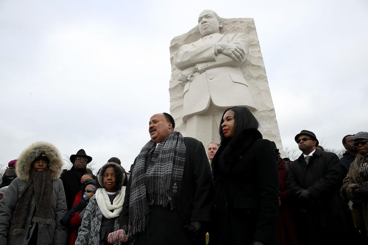 Martin Luther King III speaks in front of the Martin Luther King Jr Memorial on Martin Luther King Day January 15, 2018 in Washington DC (Photo by Win McNamee/Getty Images)