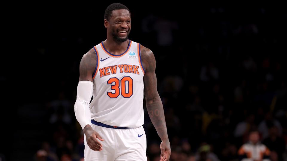 Dec 20, 2023; Brooklyn, New York, USA; New York Knicks forward Julius Randle (30) reacts during the fourth quarter against the Brooklyn Nets at Barclays Center.