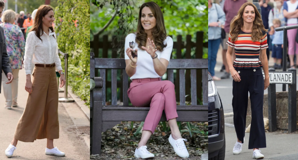 kate middleton posing wearing white superga cotu sneakers sitting on bench during event