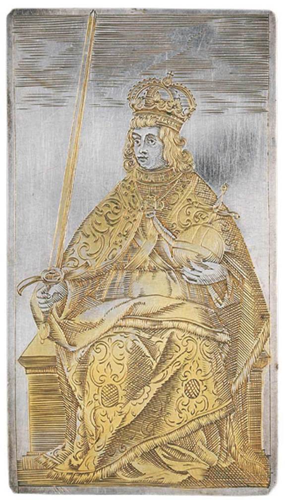 Among a set of playing cards from 400 years ago was this king of swords, with the ruler dressed as a Holy Roman Emperor. [<a href="http://www.livescience.com/25065-ancient-silver-playing-cards.html" rel="nofollow noopener" target="_blank" data-ylk="slk:See more photos of the cards;elm:context_link;itc:0;sec:content-canvas" class="link ">See more photos of the cards</a>]