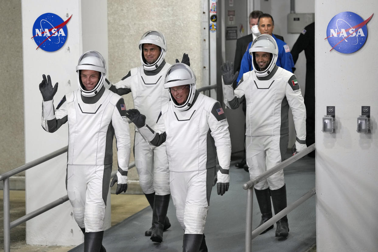 From left, pilot Warren Hoburg, Russian cosmonaut Andrey Fedyaev, Commander Stephen Bowen and United Arab Emirates astronaut Sultan al-Neyadi. (AP Photo/John Raoux)