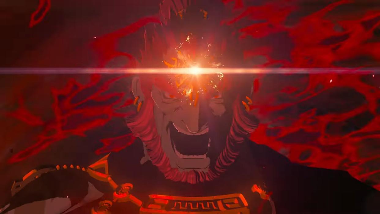  Ganondorf yelling with the gem in his forehead glowing. 