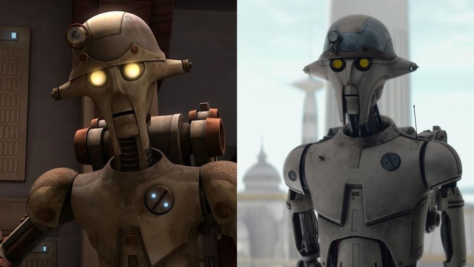 Two images of the Star Wars droid Huyang, one animated the other in live-action