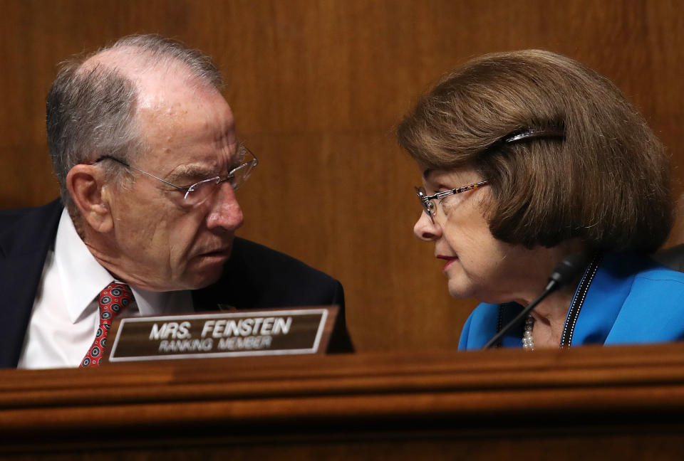 Sens. Chuck Grassley (R-Iowa) and Dianne Feinstein (D-Calif.) are the chairman and the ranking member, respectively, of the Judiciary Committee. Their committee will consider Kavanaugh's nomination this week. (Photo: Win McNamee/Getty Images)