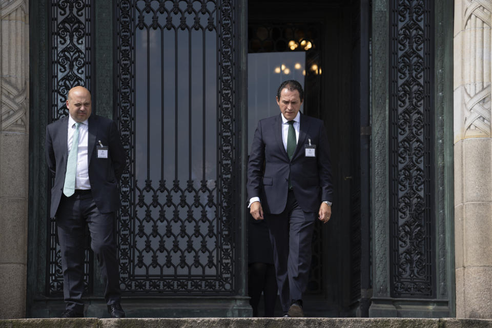 Mexico's legal advisor Alejandro Celorio Alcantar, right, arrives to give a brief statement outside the International Court of Justice in The Hague, Netherlands, Tuesday, April 30, 2024. Mexico took Ecuador to the top U.N. court Tuesday, accusing the nation of violating international law by storming the Mexican Embassy in Quito to arrest Jorge Glas, a former vice president who had just been granted asylum by Mexico. (AP Photo/Peter Dejong)