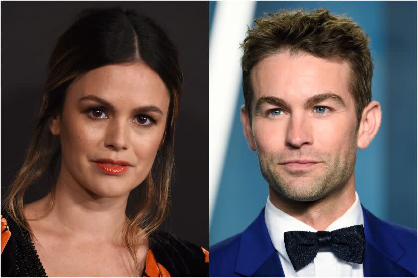 A split image of a woman with brown hair posing in a patterned dress and a man with brown hair posing in a suit and bowtie