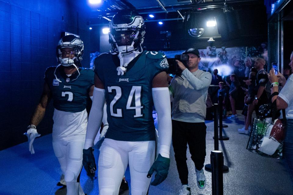 Philadelphia Eagles cornerback James Bradberry (24) and cornerback Darius Slay (2) wait to take the field during the NFL football game against the Washington Commanders, Sunday, Oct. 1, 2023, in Philadelphia.