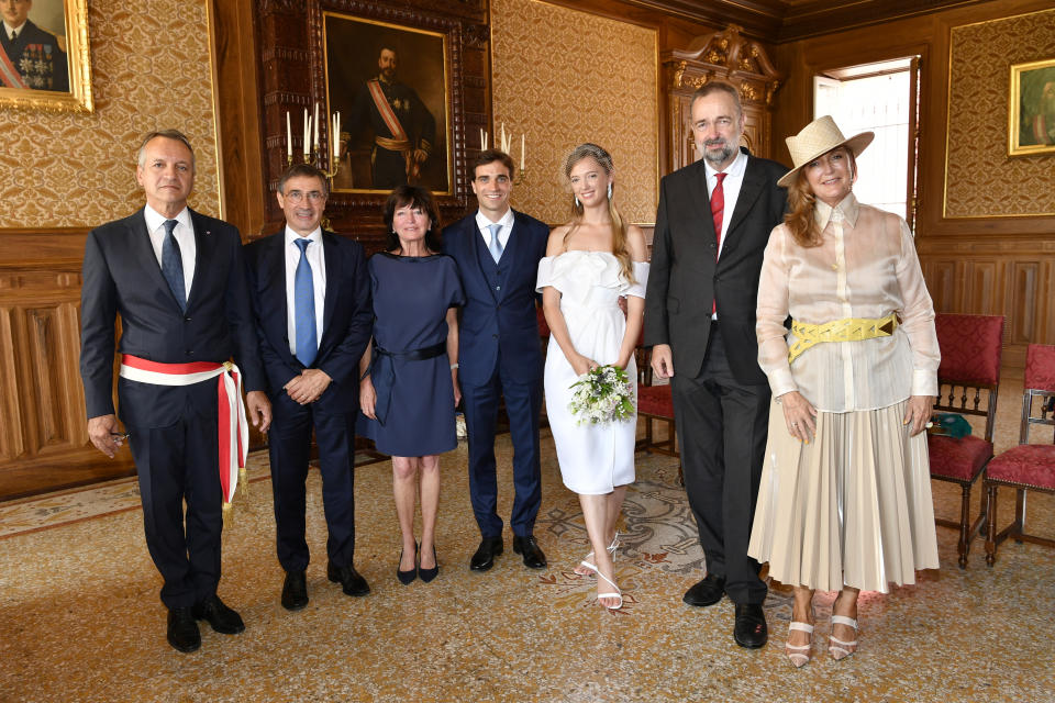 MONACO, MONACO - JULY 20: (L-R) Mayor of Monaco Georges Marsan, Henri d'Ambrosio, Giselle d'Ambrosio, Jerome d'Ambrosio, Eleonore of Habsburg, Karl of  Habsburg and Francesca Thyssen-Bornemisza attend the Civil Marriage of Eleonore of Habsburg and Jerome d'Ambrosio on July 20, 2020 in Monaco, Monaco. Eleonore (Jelena Maria del Pilar Christina Iona) von Habsburg and Jerome d'Ambrosio have made a commitment to each other in marriage today at the registry office in Monaco. The celebration happened in a strictly intimate circle of family and friends. The wedding between Eleonore, born 28th February 1994 in Salzburg as daughter of Karl von Habsburg and Francesca Thyssen-Bornemisza, and Jerome d'Ambrosio, born 27th December 1985 in Etterbeck (Belgium), was planned quite differently. Covid-19 and related legal restrictions have made it impossible to have a formal wedding as had been planned for this year. The church wedding in a bigger circle will be celebrated as soon as the pandemic restrictions get lifted. As witnesses to the marriage the respective sisters were acting. For Eleonore von Habsburg her sister Gloria, for Jérôme d'Ambrosio his sister Olivia. The civil wedding was attended by the closest family members. After the wedding a slightly bigger circle of friends was meeting for lunch, of course respecting all rules of social distancing. Eleonore, a professional jewelry designer, and Jerome, a Formula E race car driver, met on a plane, three years ago, flying from London to Nice.  (Photo by Luc Castel/Getty Images)