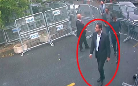 New images showed Maher Mutreb, a Saudi intelligence officer, outside the consulate several hours before Mr Khashoggi arrived - Credit: (Sabah via AP)