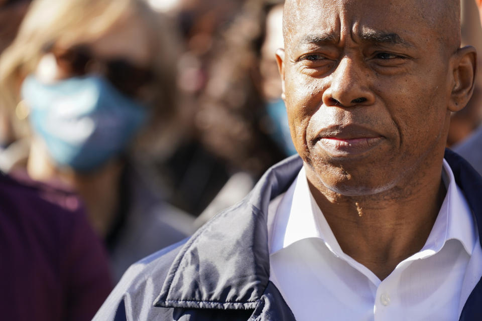 Eric Adams, the Democrat candidate for New York Mayor, speaks during a campaign event, Tuesday, Oct. 19, 2021, in New York. (AP Photo/Mary Altaffer)