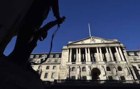 The Bank of England is seen, with a statue in the foreground in the City of London December 16, 2014. REUTERS/Toby Melville