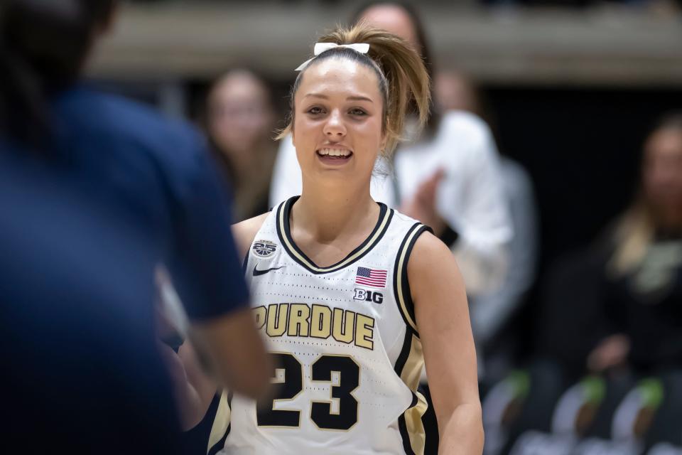 Purdue Boilermakers guard Abbey Ellis (23) gets announced during the NCAA women’s basketball game against the Penn State Nittany Lions, Wednesday Feb. 28, 2024, at Mackey Arena in West Lafayette, Ind. Penn State won 93-88.