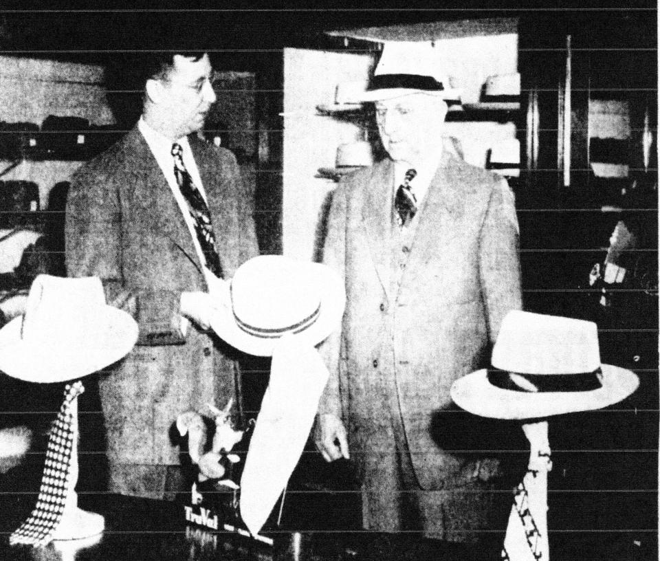 Lancaster's Mayor Fred Von Stein is pictured above wearing his new straw hat that was presented to him by Tom Benua (left), owner of the Robert L. Benua Co.
Photo appeared in the E-G on May 12, 1948.