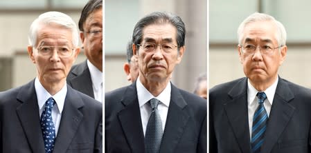 Combination picture shows former TEPCO Chairman Katsumata and Takekuro and Muto, former vice presidents of TEPCO, arriving at the Tokyo District Court in Tokyo