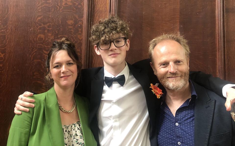 Katy Regan and Louis Quail pictured at their son Fergus's sixth form prom. (Supplied)