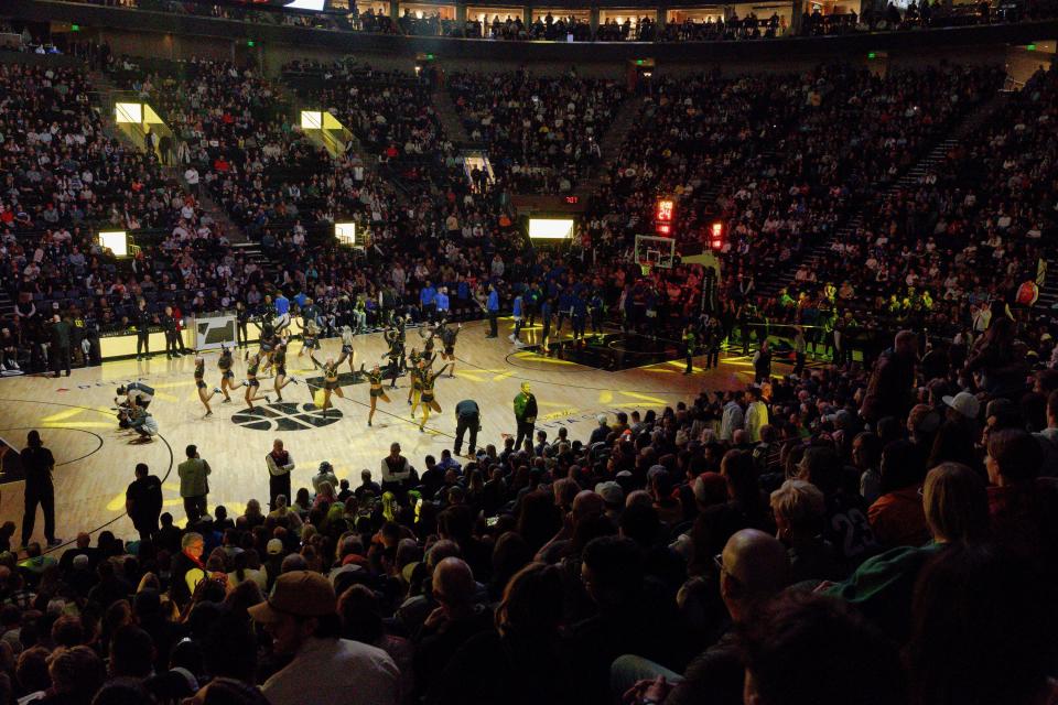The Utah Jazz dancers perform before the NBA basketball game between the Utah Jazz and the Dallas Mavericks at the Delta Center in Salt Lake City on Monday, Jan. 1, 2024. | Megan Nielsen, Deseret News