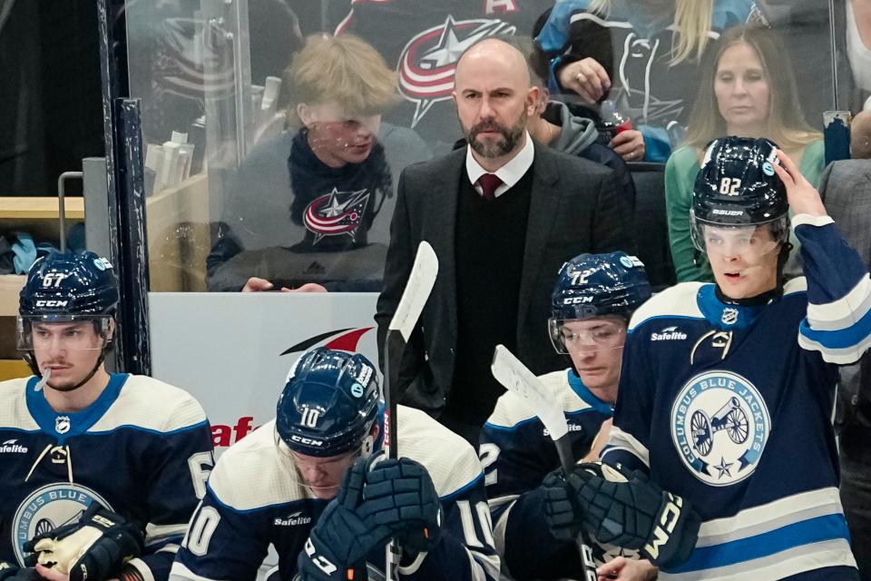 Apr 4, 2024; Columbus, Ohio, USA; Columbus Blue Jackets head coach Pascal Vincent stands behind the bench during the first period of the NHL hockey game against the New York Islanders at Nationwide Arena.