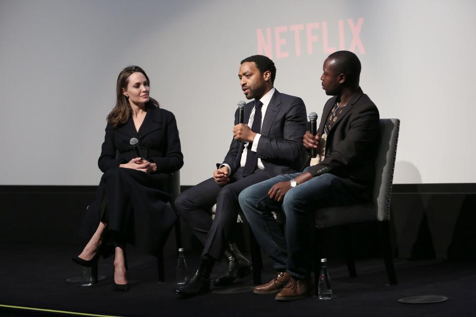 Director Chiwetel Ejiofor,  host Angelina Jolie and book author William Kamkwamba attend "The Boy Who Harnessed The Wind" Special Screening on February 25, 2019 in New York City.