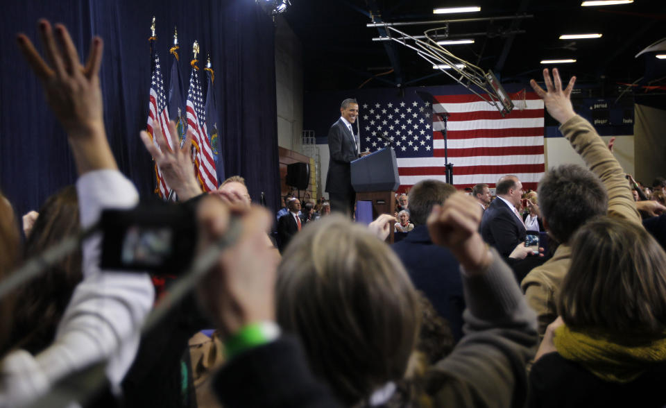 President Barack Obama is cheered-on by supporters as he speak at a fundraiser at Southern Maine Community College, Friday, March, 30, 2012 in Portland, Maine. (AP Photo/ Pablo Martinez Monzivais)