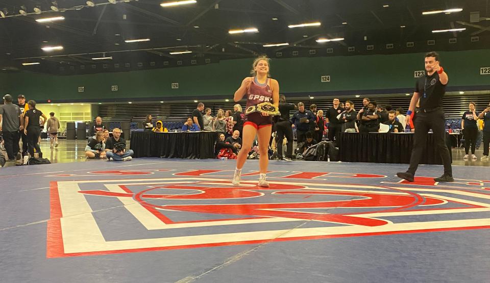 Pleasantville junior Adriana Palumbo became the first female wrestler in New York to win a Super 32 title, when she captured the 155-pound crown.