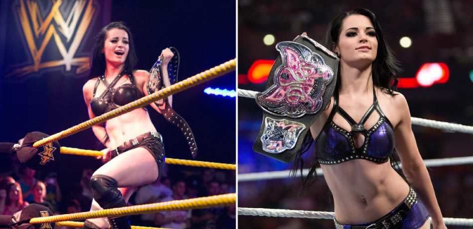 Two photos of Paige holding WWE championships.