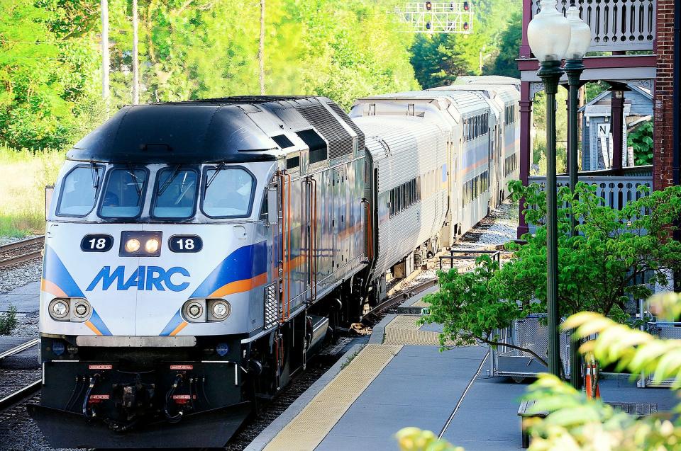 A MARC train arrives at the Caperton Train Station in Martinsburg, W.Va., from Washington in July 2016.