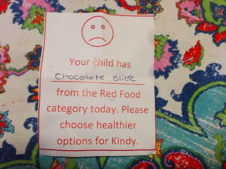 A woman has shared the note her friend received from her child's nursery [Photo: Facebook/MelindaTankardReist]