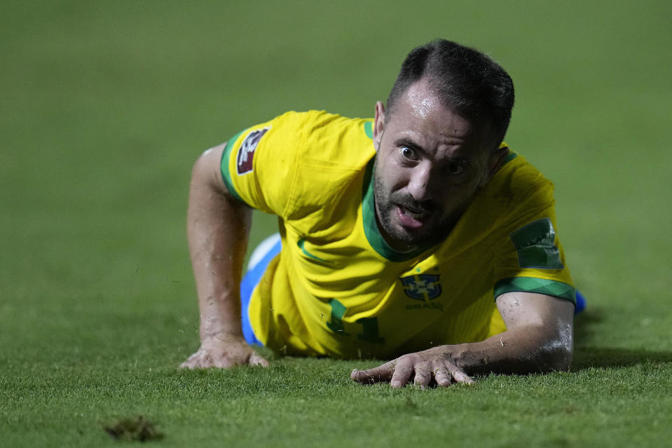 Brazil's Everton Ribeiro reacts after falling during a qualifying soccer match against Venezuela for the FIFA World Cup Qatar 2022 at UCV Olympic Stadium in Caracas, Venezuela, Thursday, Oct. 7, 2021. (AP Photo/Ariana Cubillos)