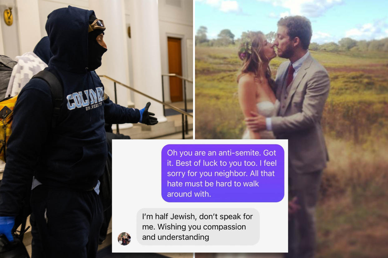 composite image: left carlson dressed all in black at columbia including his face nearly fully covered; right carlson in a grey suit and dark red tie kissing his apparent bride kim as they stand in a field; inset a screenshot of the bizarre exchange