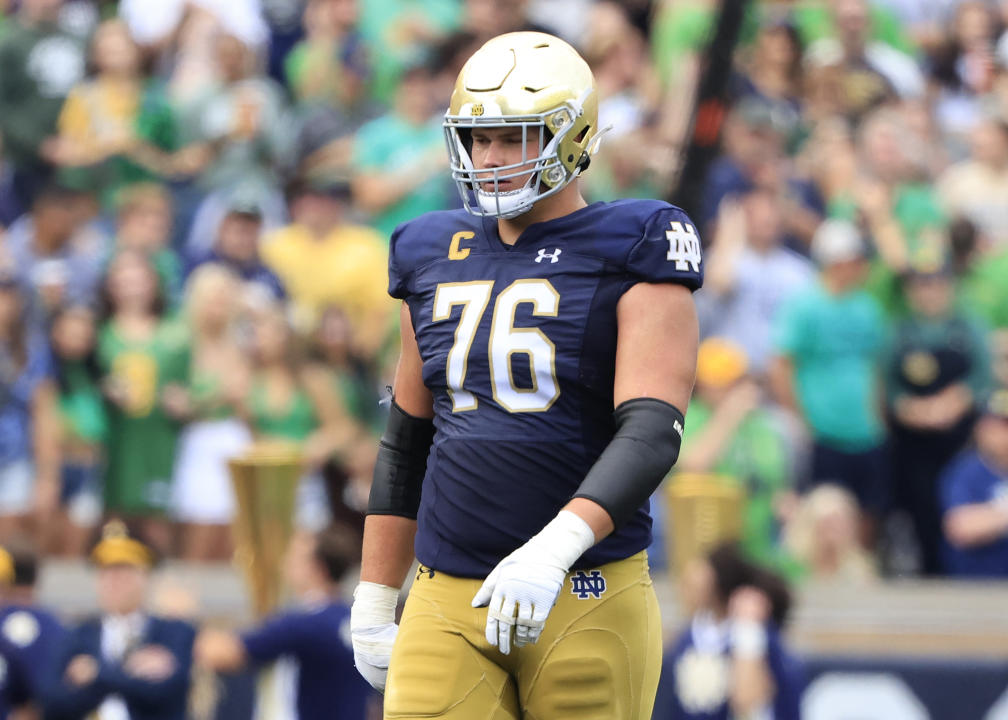 SOUTH BEND, INDIANA - SEPTEMBER 16: Joe Alt #76 of the Notre Dame Fighting Irish looks on in the game against the Central Michigan Chippewas at Notre Dame Stadium on September 16, 2023 in South Bend, Indiana. (Photo by Justin Casterline/Getty Images)