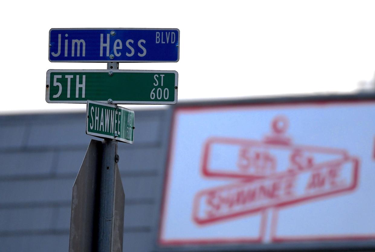 Bartlesville city street crews installed a bright blue sign declaring Fifth Street between Delaware and Shawnee Avenue as honorary “Jim Hess Boulevard" in April 2024.