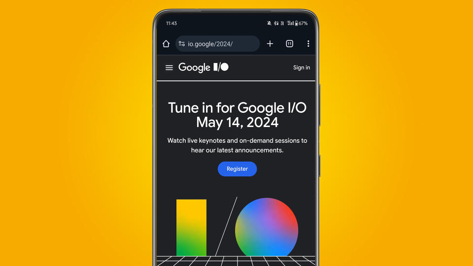 A phone on an orange background showing the Google I/O 2024 homepage