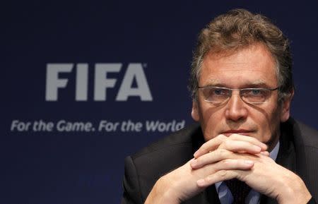 FIFA Secretary General Jerome Valcke attends a news conference after the meeting of the Ethics Committee at the Home of FIFA in Zurich in this November 18, 2010 file photo. REUTERS/Christian Hartmann/Files