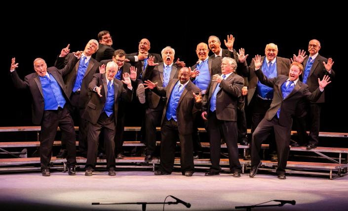 Members of the Barbergators Chorus and Phabulous Phlegmtones Barbershop Quartet ham it up on stage after performing at the Ocala Civic Theatre on April 16, 2019.