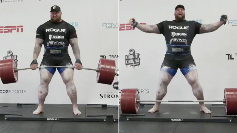 Hafthór 'Thor' Björnsson lifts 500kg and celebrates after breaking world record.