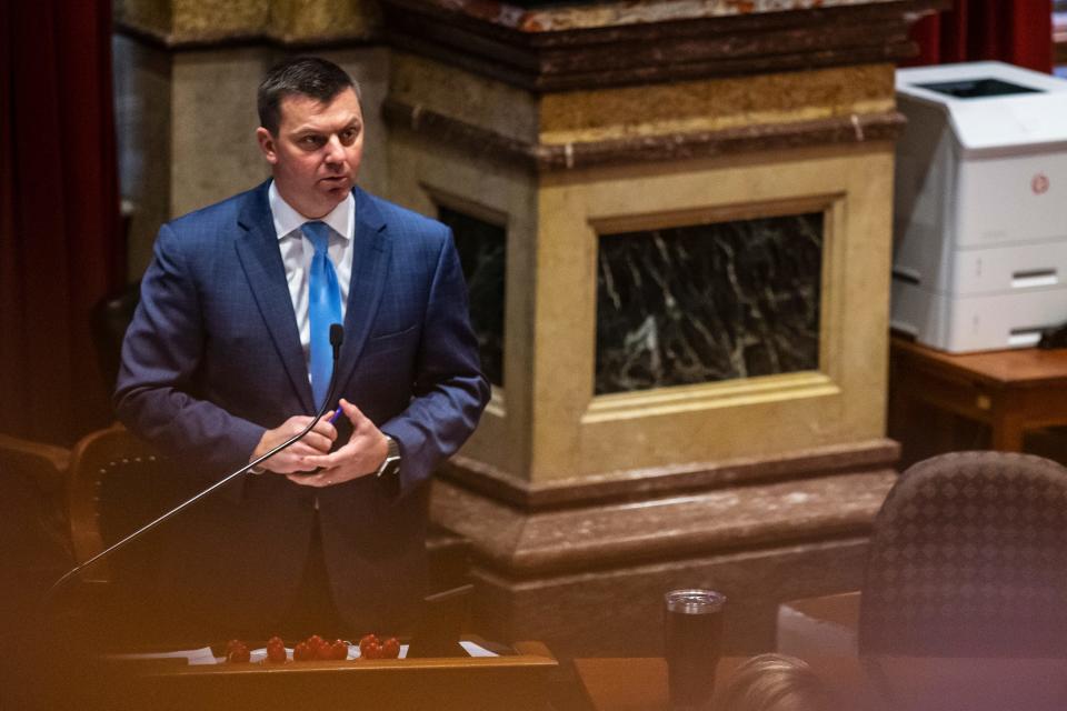 Senate Majority Leader Jack Whitver, R-Ankeny, speaks in the Senate on the first day of the 2022 legislative session, Monday, Jan. 10, 2022, at the State Capitol, in Des Moines. 