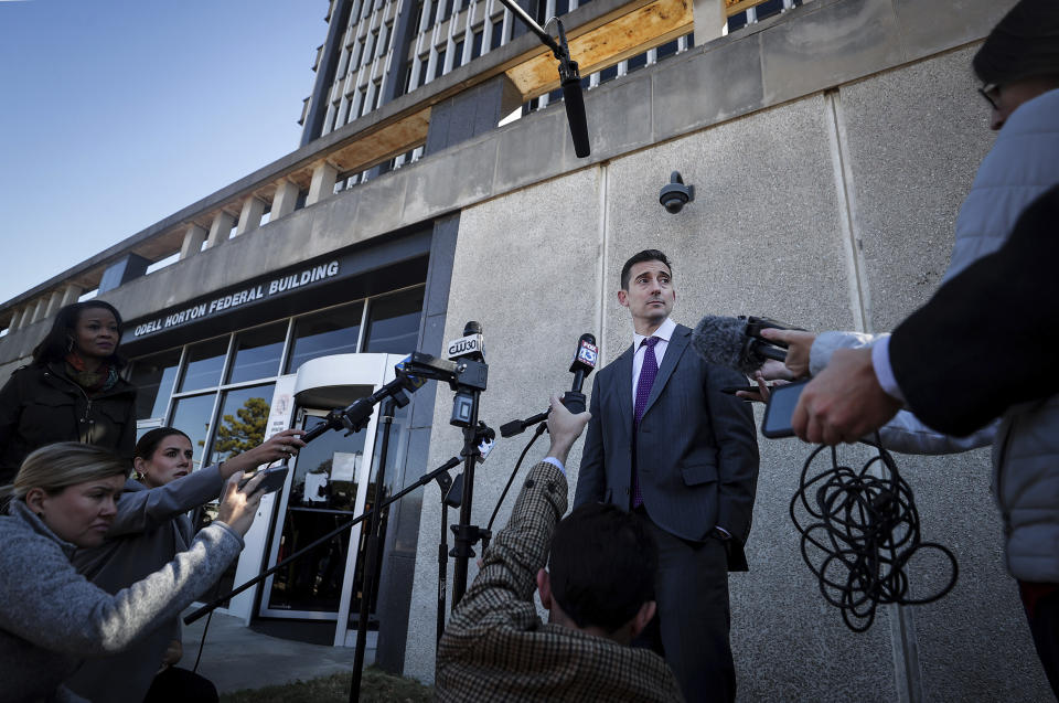 Attorney Blake Ballin speaks during a news conference outside of the Odell Horton Federal Building, Nov. 2, 2023, in Memphis, Tenn. Ballin's client, former Memphis police officer Desmond Mills, pleaded guilty for his role in the death of Tyre Nichols. (Patrick Lantrip/Daily Memphian via AP)