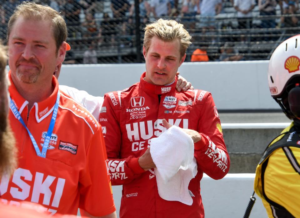 Second place finisher Chip Ganassi Racing driver Marcus Ericsson (8) joins his team immediately after the running of the 107th Indianapolis 500 at Indianapolis Motor Speedway.