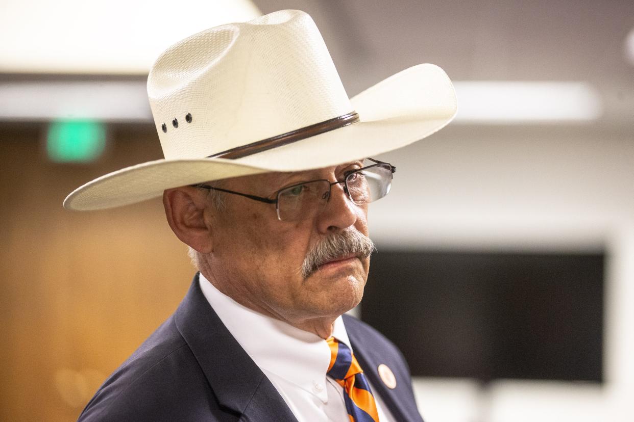 State Rep. Mark Finchem, R-Oro Valley, attends the Arizona Senate hearing in Phoenix on the progress of the Maricopa County election audit on July 15, 2021.