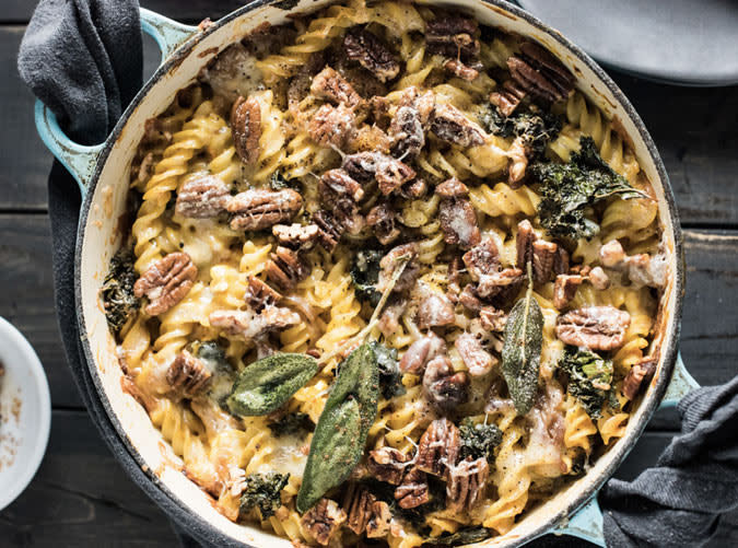 Sage Pumpkin Pasta Bake with Kale and Buttered Pecans