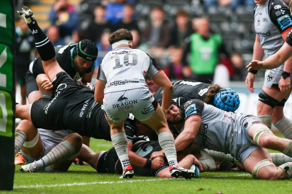 TRY: Dewi Lake gets the Ospreys' first try against the Dragons in Swansea <i>(Image: Huw Evans Agency)</i>