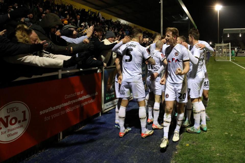 THRILLED: County celebrate Will Evans' clincher at Eastleigh <i>(Image: Huw Evans Agency)</i>