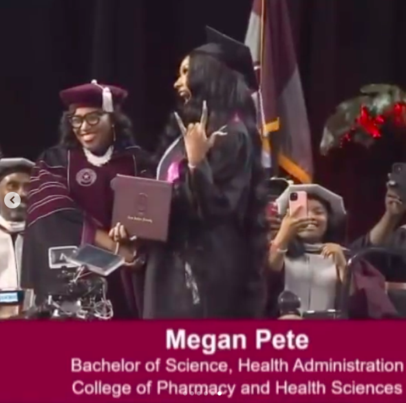 Megan holding her degree with the caption "Megan Pete: Bachelor of Science, Health Administration, College of Pharmacy and Health Sciences"